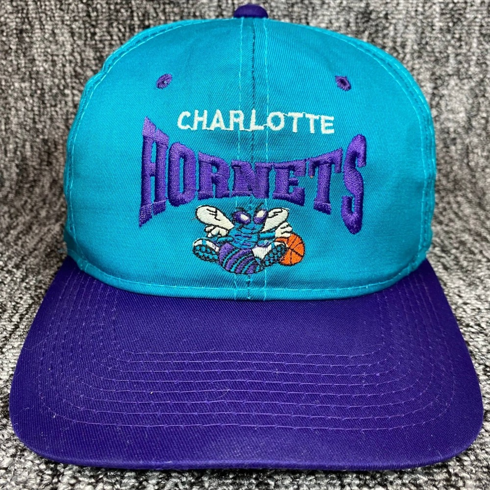 Vintage 90s Charlotte Hornets Snapback Hat AJD The Cap Teal Purple Grandmama NBA